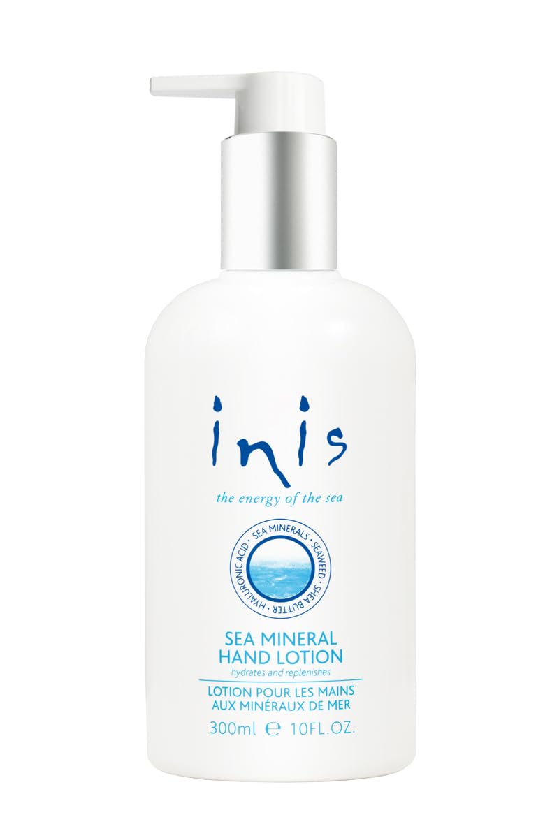 Inis hand lotion front packaging showing full bottle and volume benefit