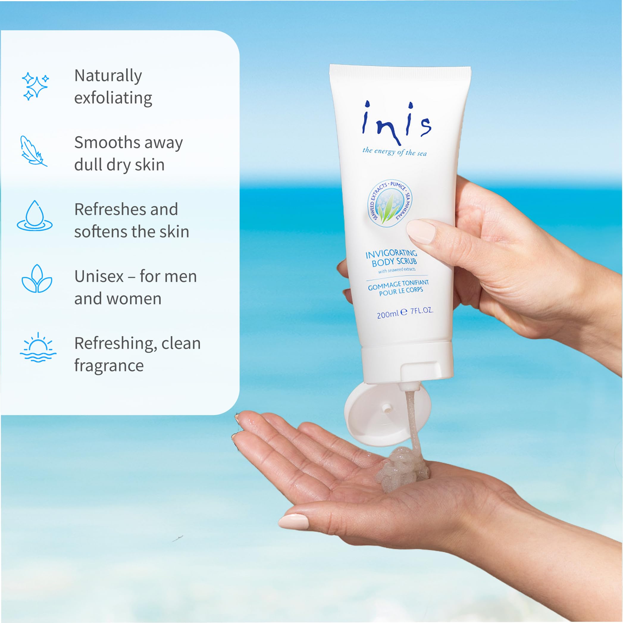 Inis the Energy of the Sea being massaged onto an elbow, demonstrating targeted smoothing benefit