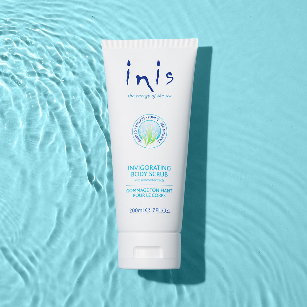 Inis the Energy of the Sea open jar displaying creamy scrub and pumice, easy scoop and use benefit