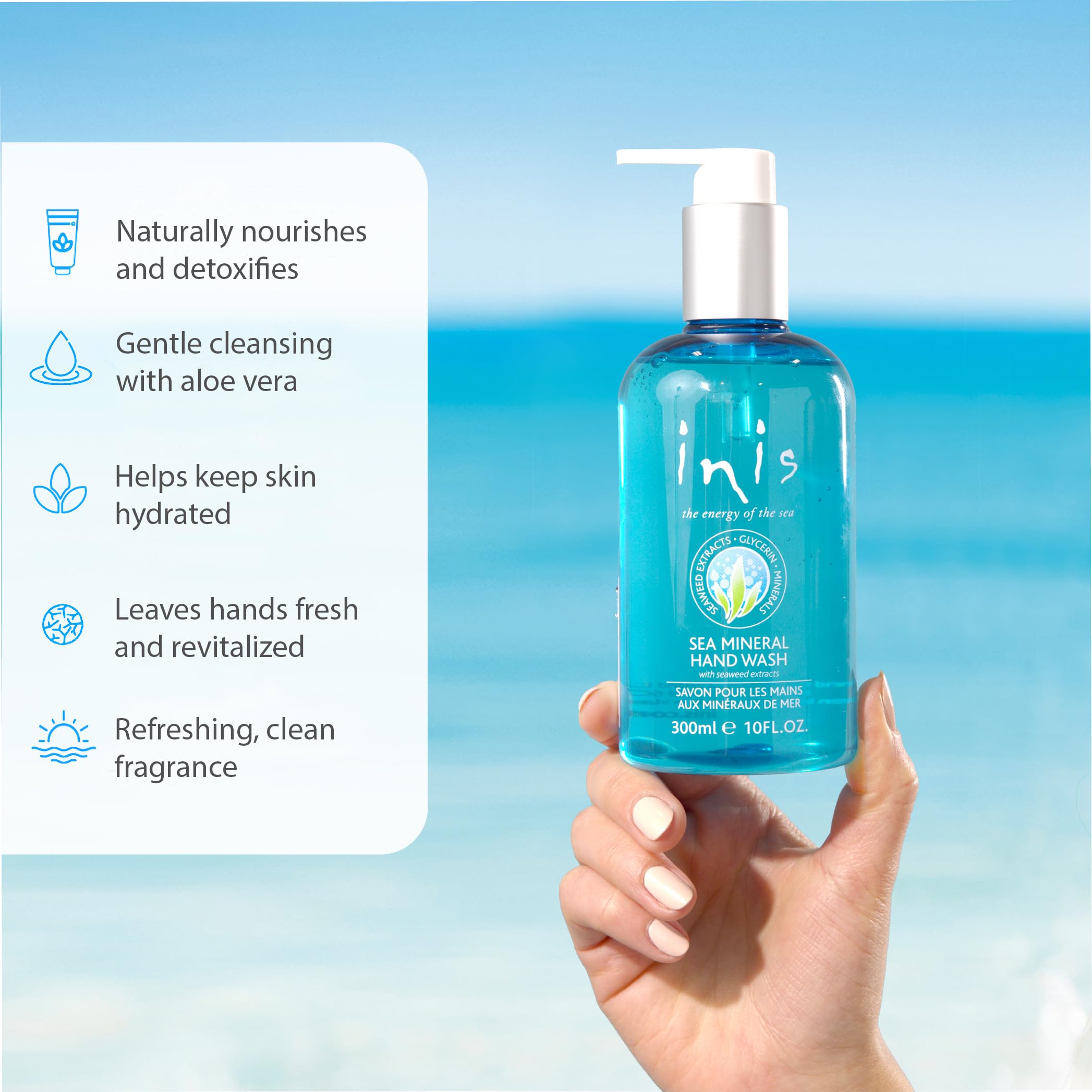 Inis label close-up highlighting seaweed extracts and paraben-free benefit