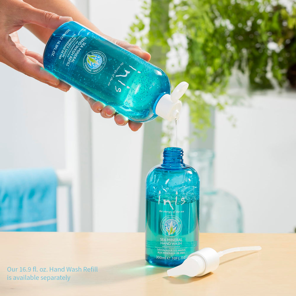 Inis bottle beside a common soap for scale demonstrating compact 10 fl oz size