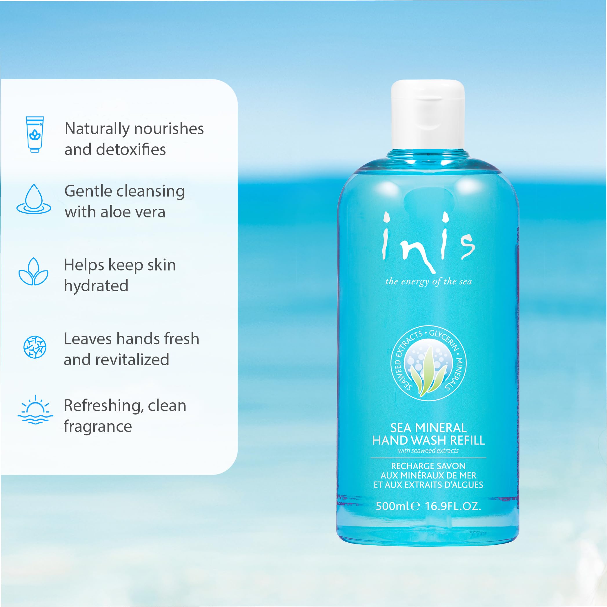 Inis the Energy of the Sea refill being dispensed into hands for gentle cleansing