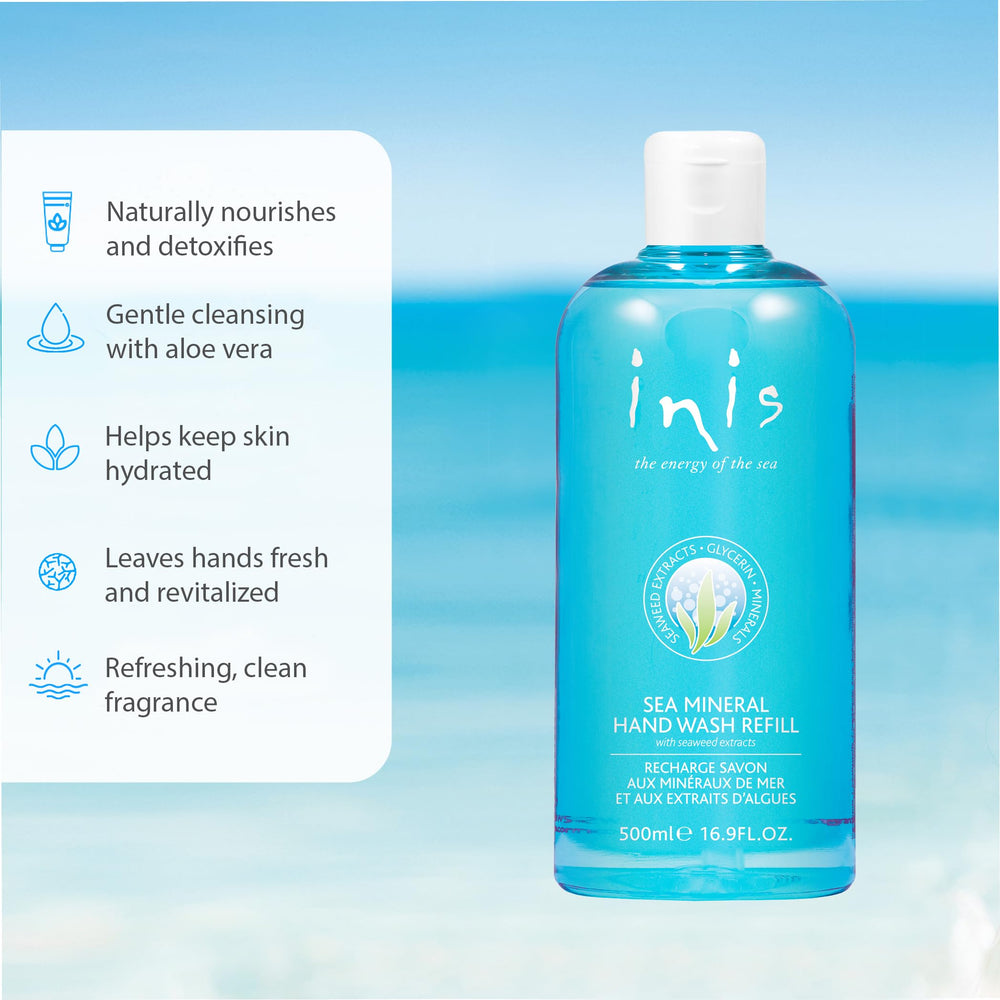 Inis the Energy of the Sea refill being dispensed into hands for gentle cleansing