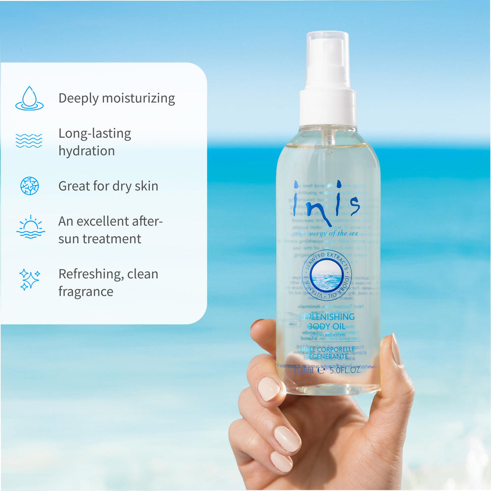 Inis spray in hand applying to arm for quick moisturizing benefit