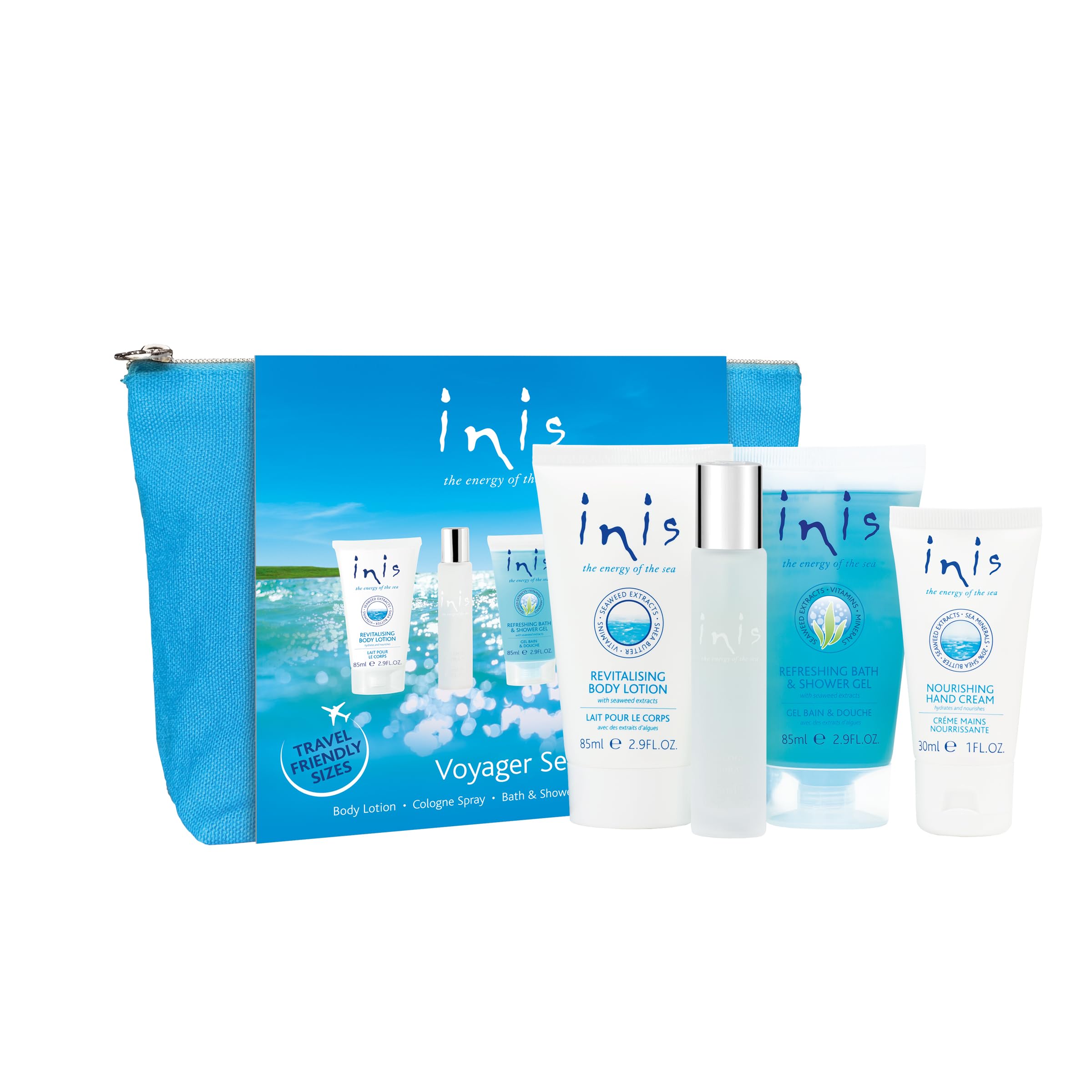 Inis front view of Voyager Gift Set showing bag and four products for easy gifting