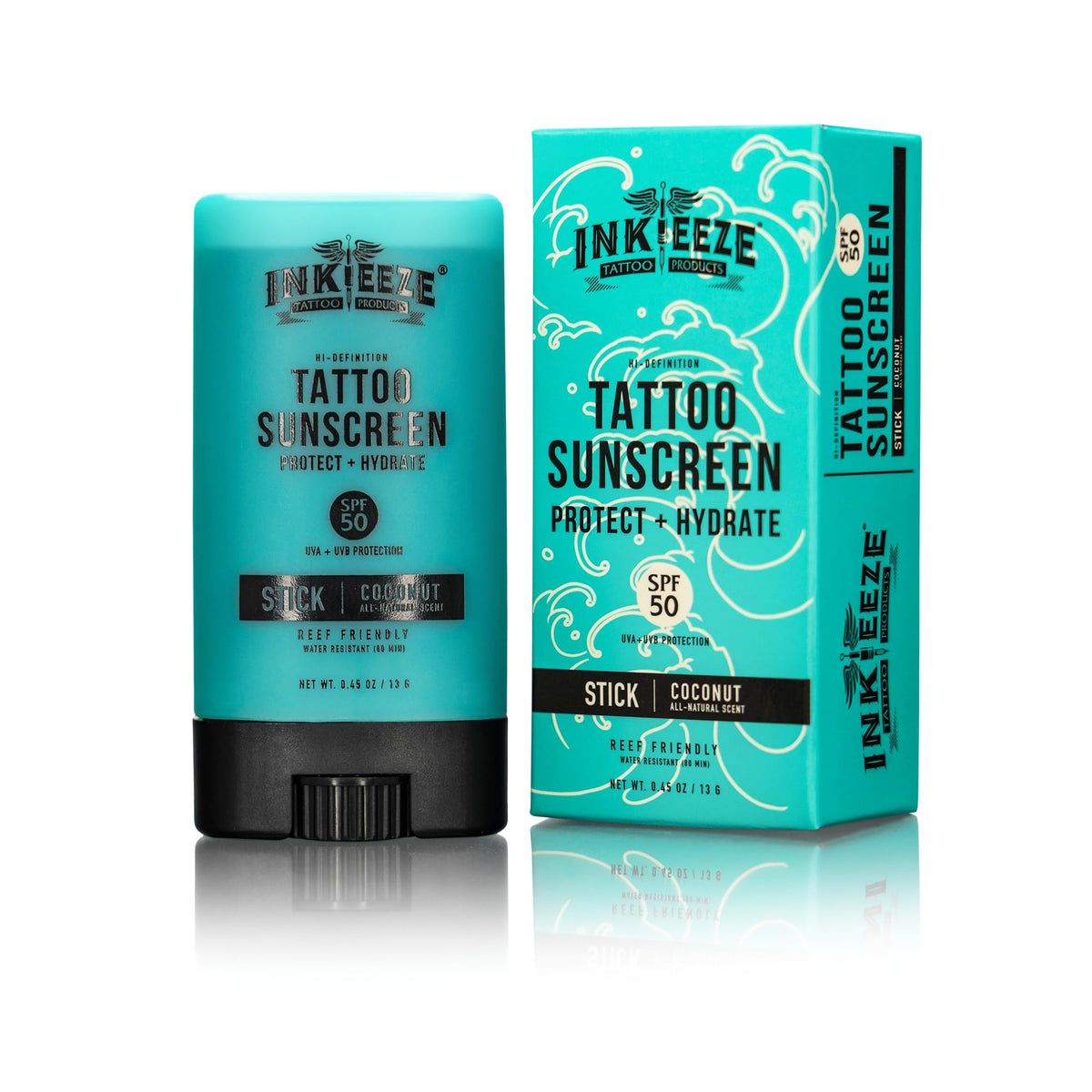 INK-EEZE front view of Ink Shield stick showing compact travel packaging and SPF label