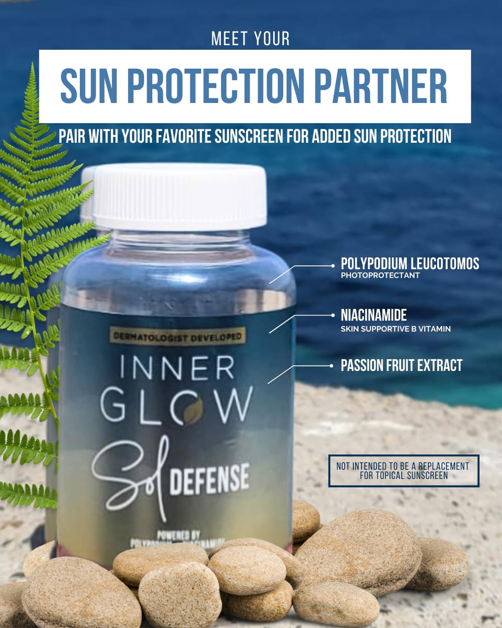 Inner Glow bottle styled on a beach towel conveying outdoor resilience support