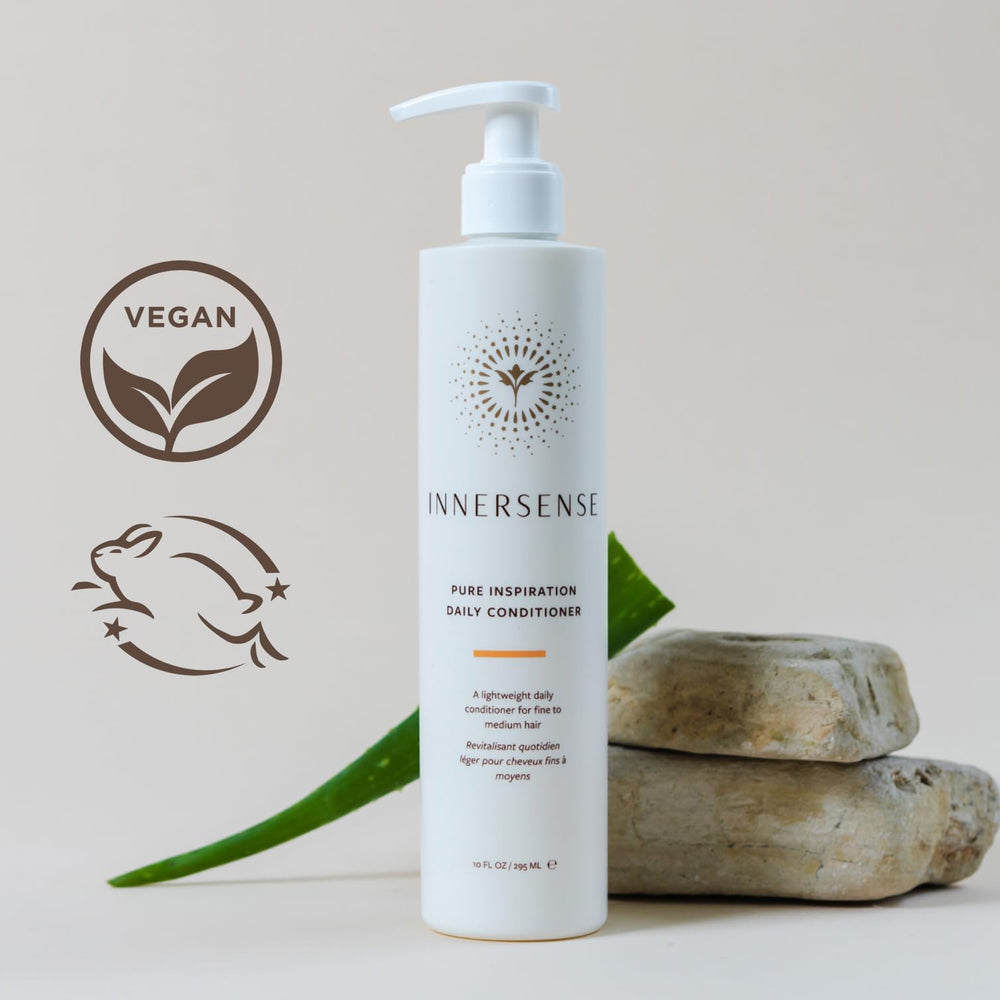 INNERSENSE conditioner on bathroom shelf in lifestyle scene promoting clean routine
