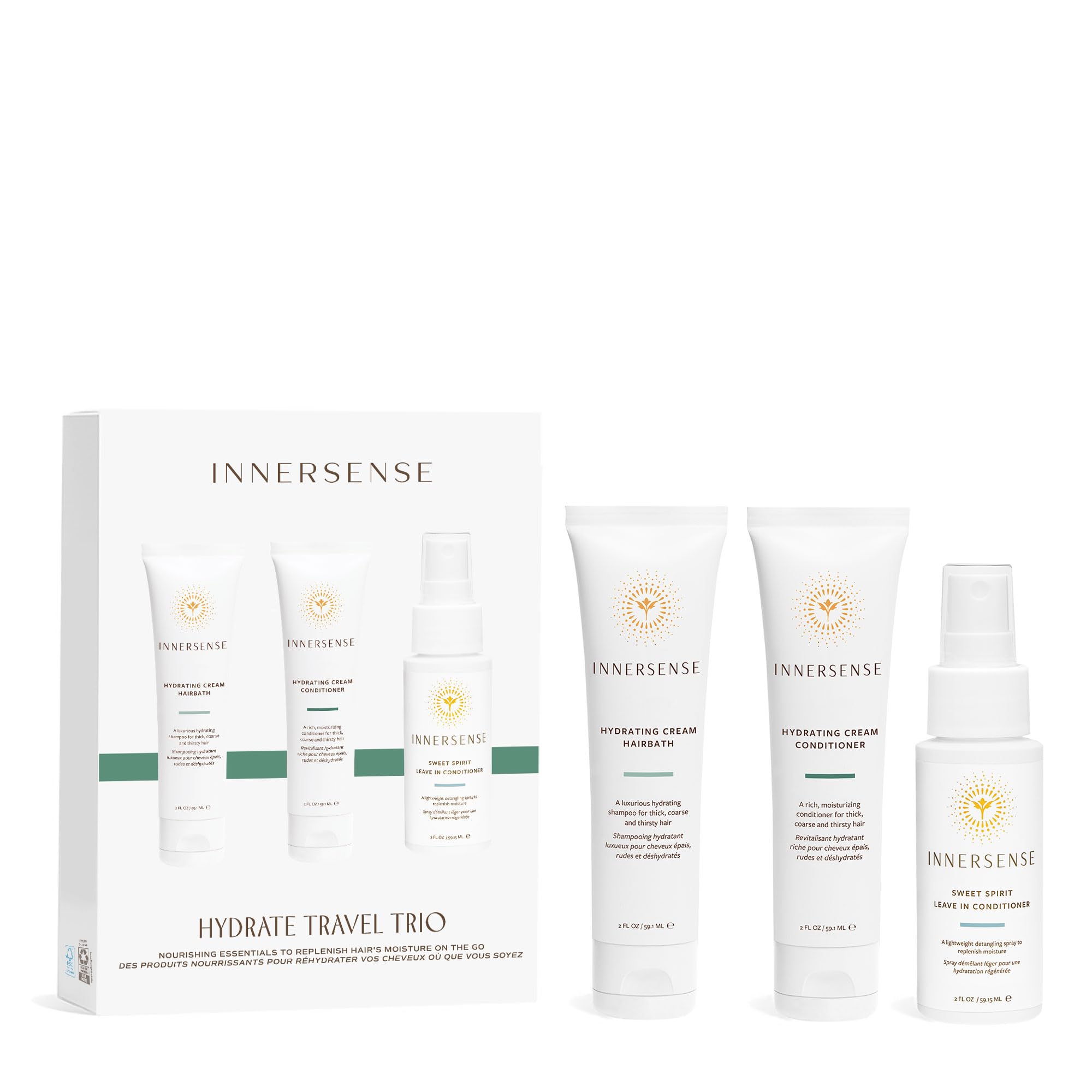 INNERSENSE travel set front view showing three 2 oz bottles and labels