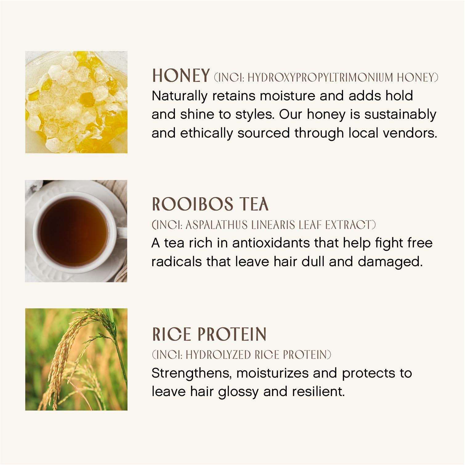 INNERSENSE ingredients label highlighting organic honey and rooibos tea for nourishing care