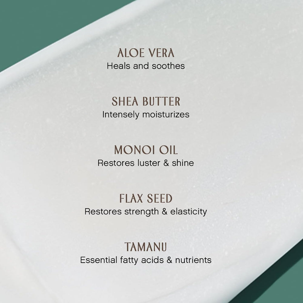 INNERSENSE organic ingredients flatlay showing shea, monoi and oils for nourished hair