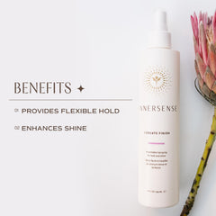 INNERSENSE hair spray in use on curly hair delivering flexible hold and defined shine