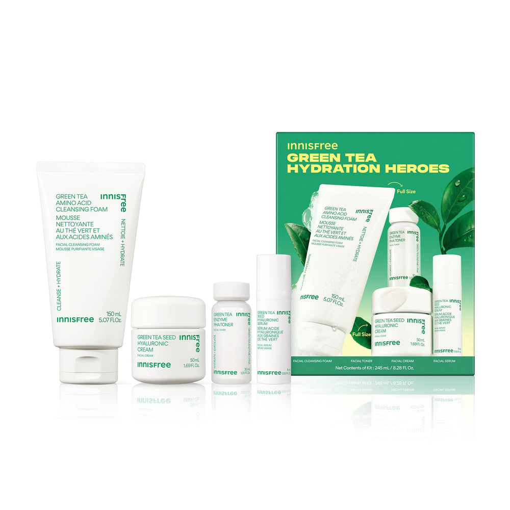 innisfree gift set front packaging showing full cleanser and serum — clear routine benefit