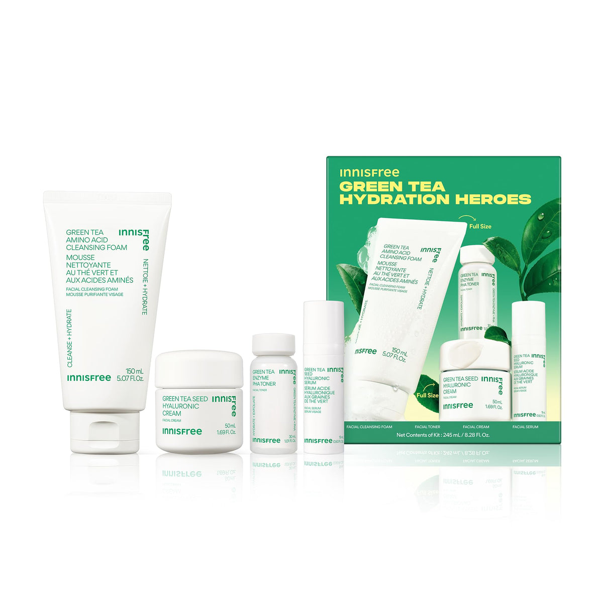 innisfree gift set front packaging showing full cleanser and serum — clear routine benefit