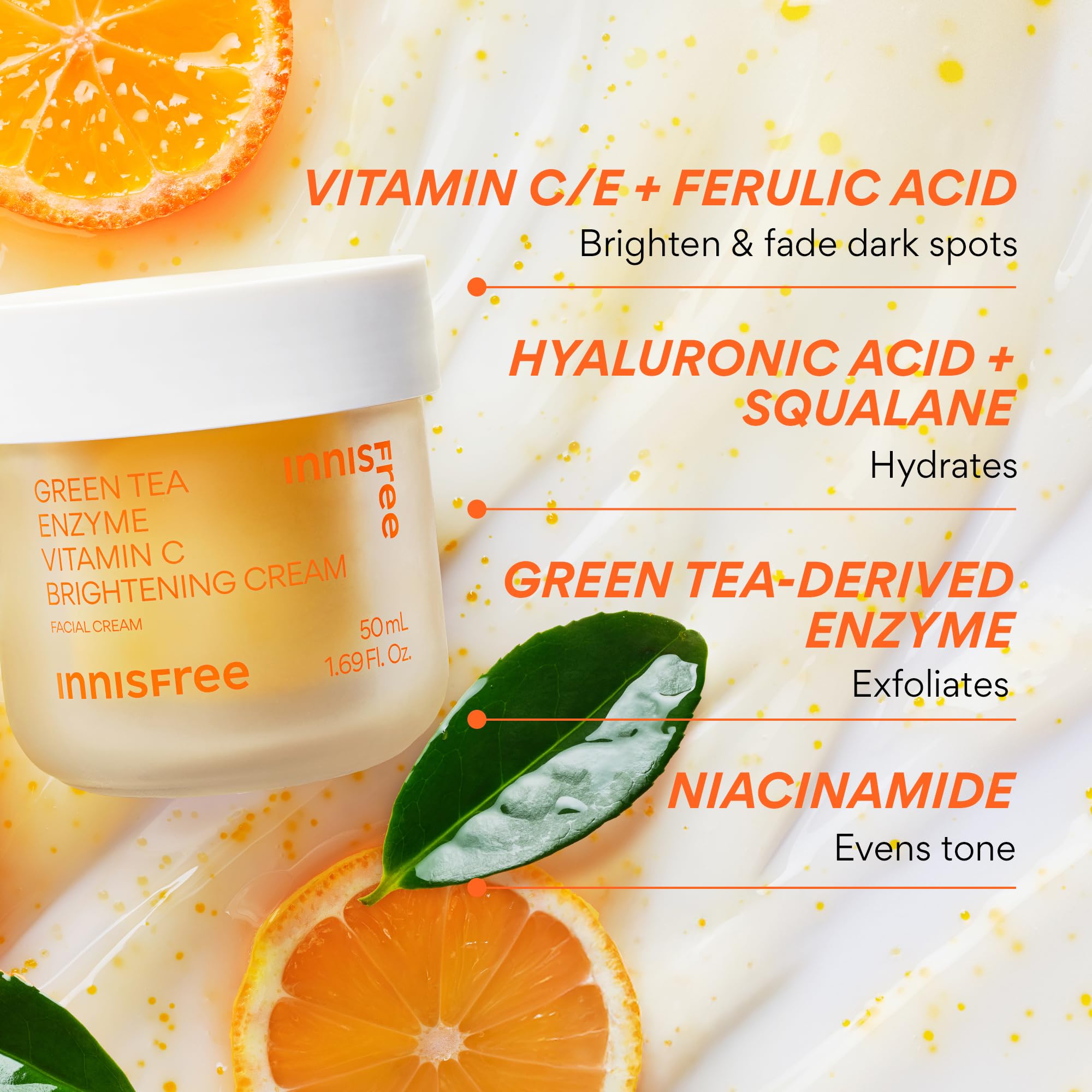 innisfree jar beside green tea leaves emphasizing gentle enzyme