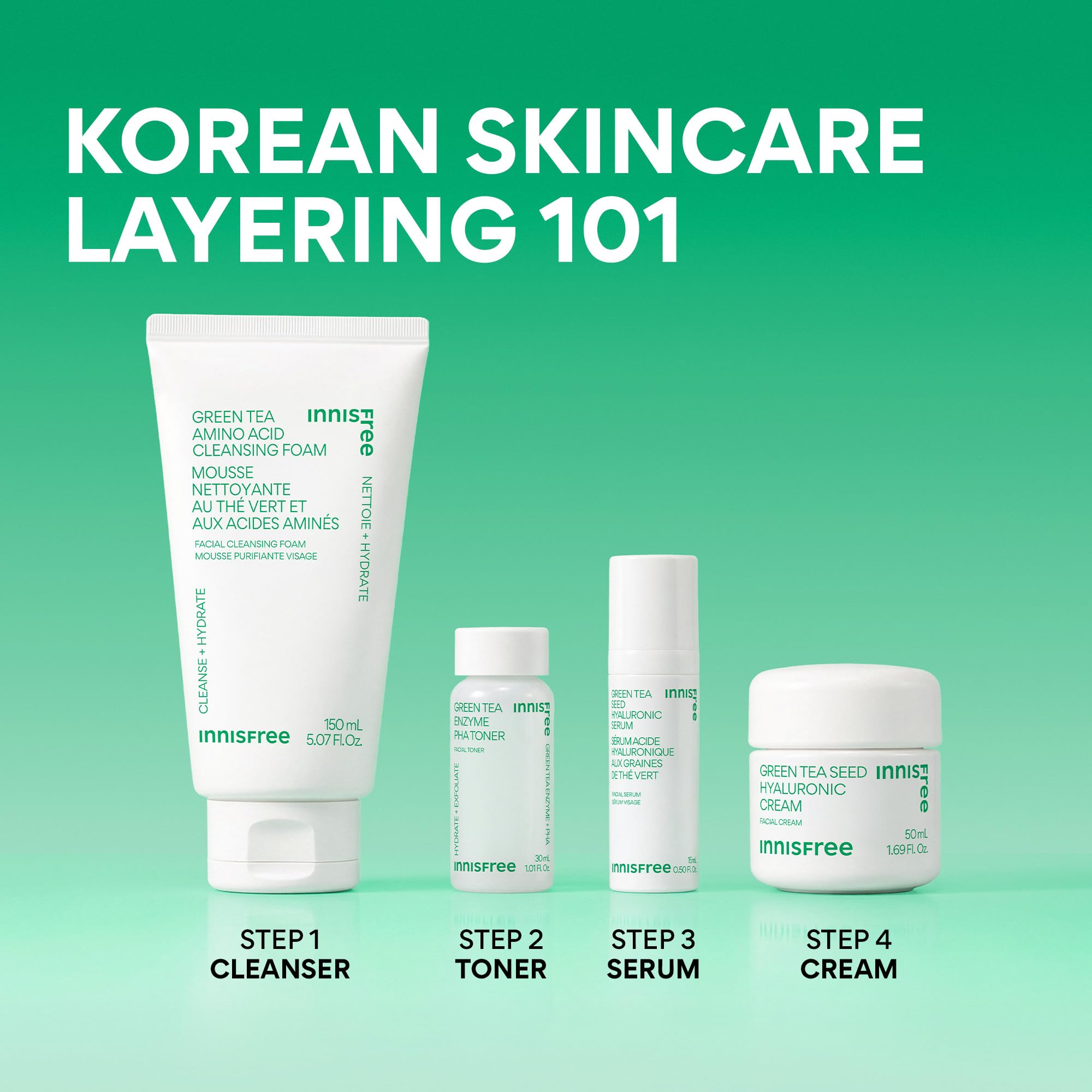 innisfree full routine displayed on bathroom shelf conveying everyday hydration ritual