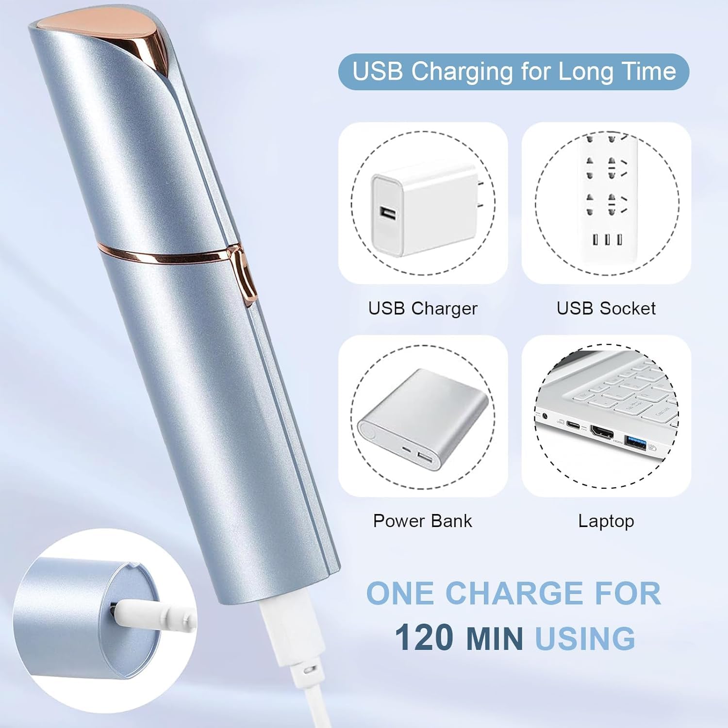 innobeaut connected to usb cable illustrating convenient rechargeable power