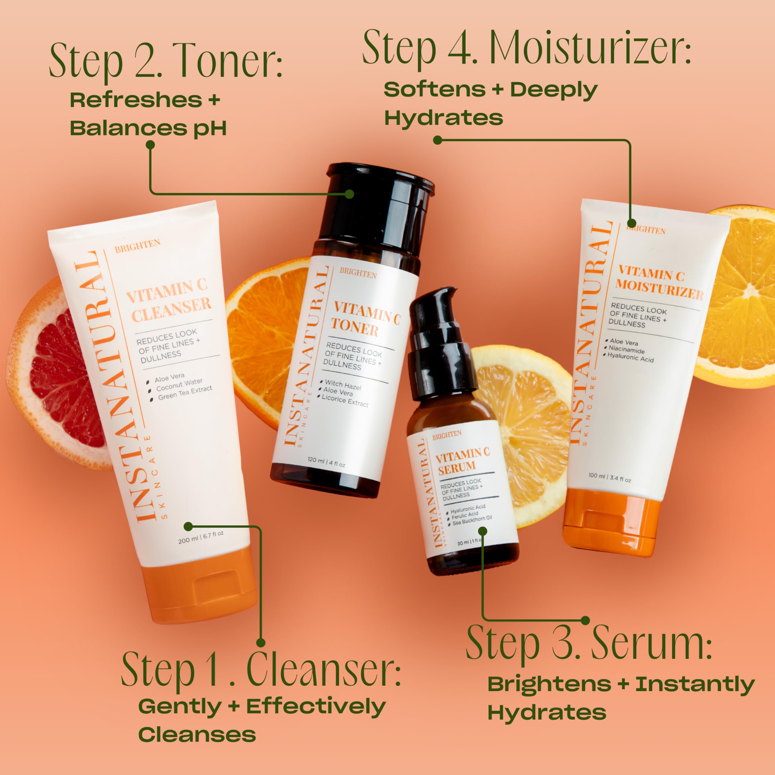 InstaNatural toner on bathroom shelf in morning skincare setting