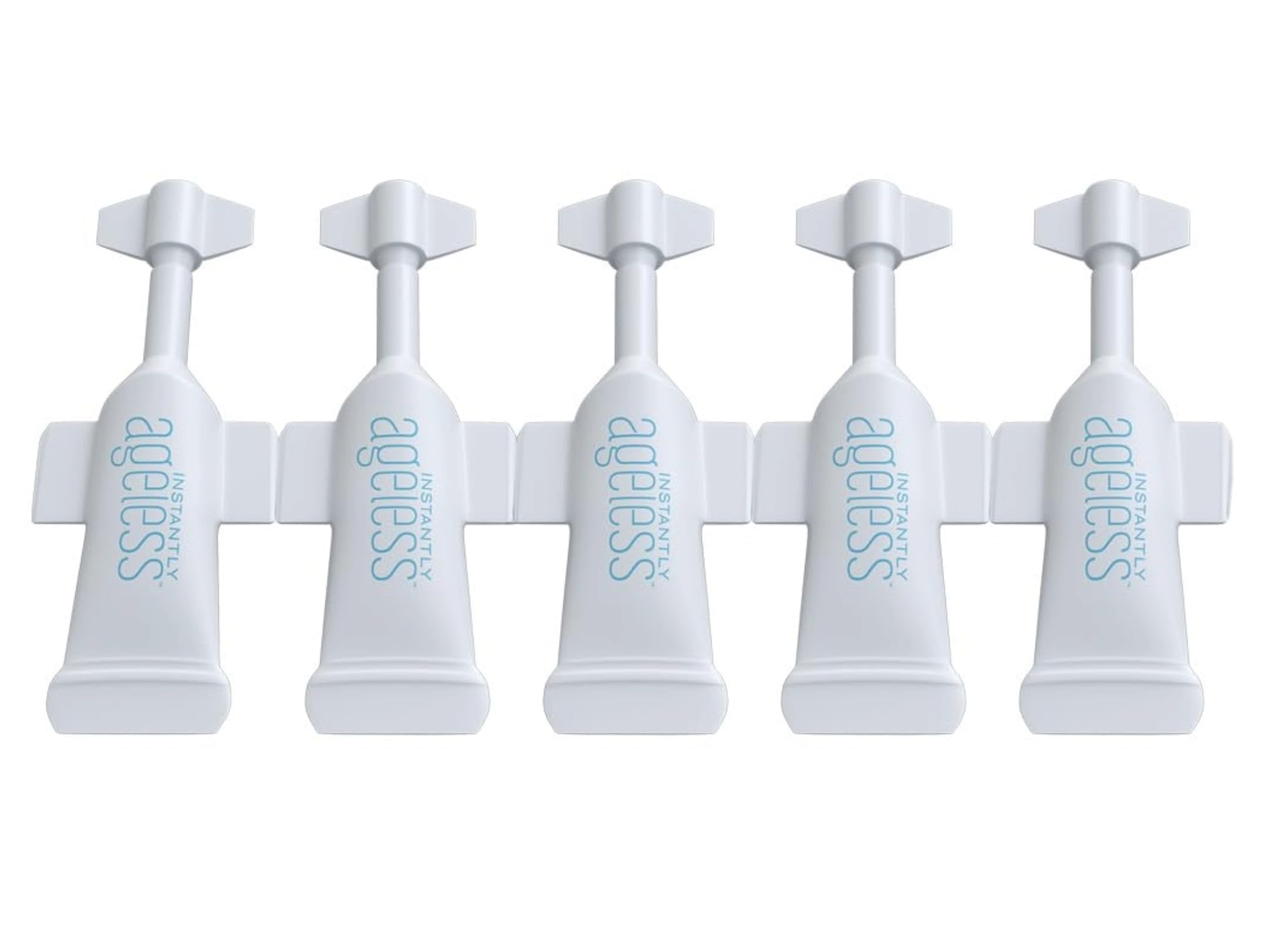 Instantly Ageless front packaging showing compact five-vial box and portability benefit