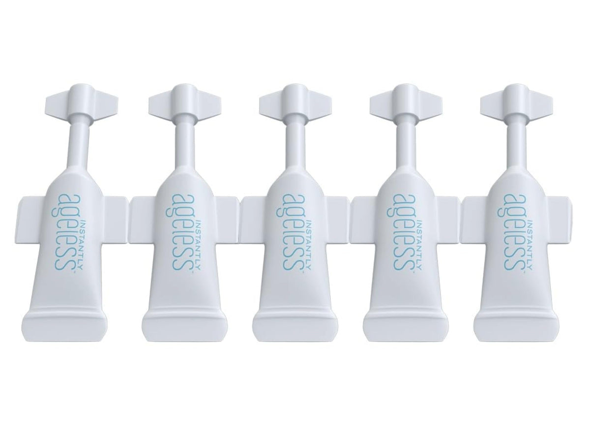 Instantly Ageless front packaging showing compact five-vial box and portability benefit