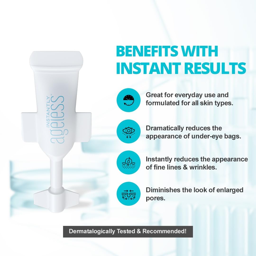 Instantly Ageless scale and contents layout showing ten vials and travel convenience