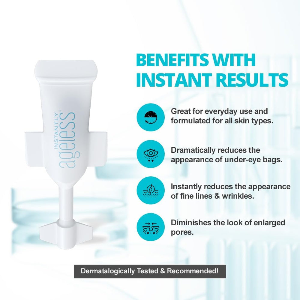 Instantly Ageless scale and contents layout showing ten vials and travel convenience