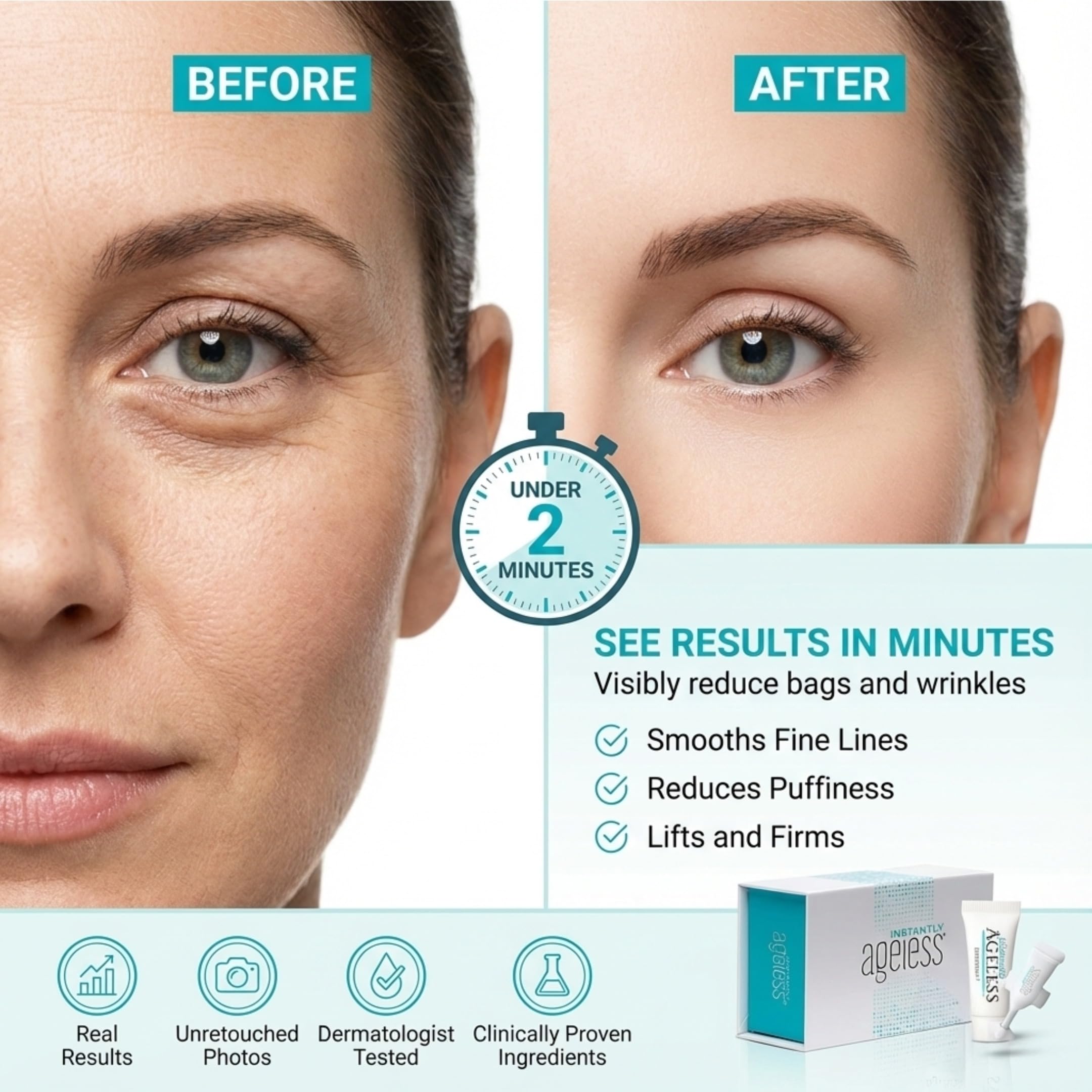Instantly Ageless open vial detail with gel drop ready to apply for quick smoothing