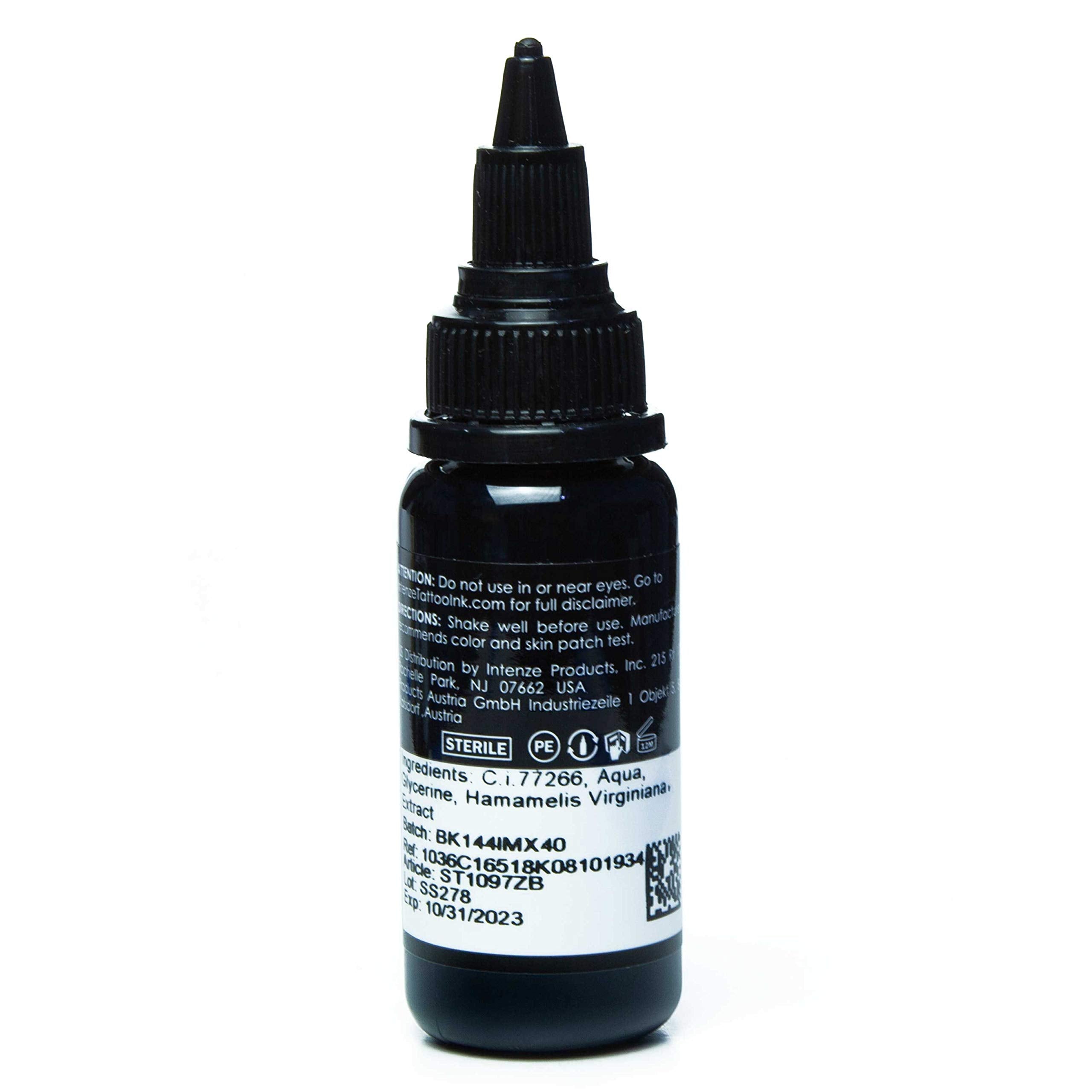 Intenze label close-up showing batch number and sterilization traceability benefit