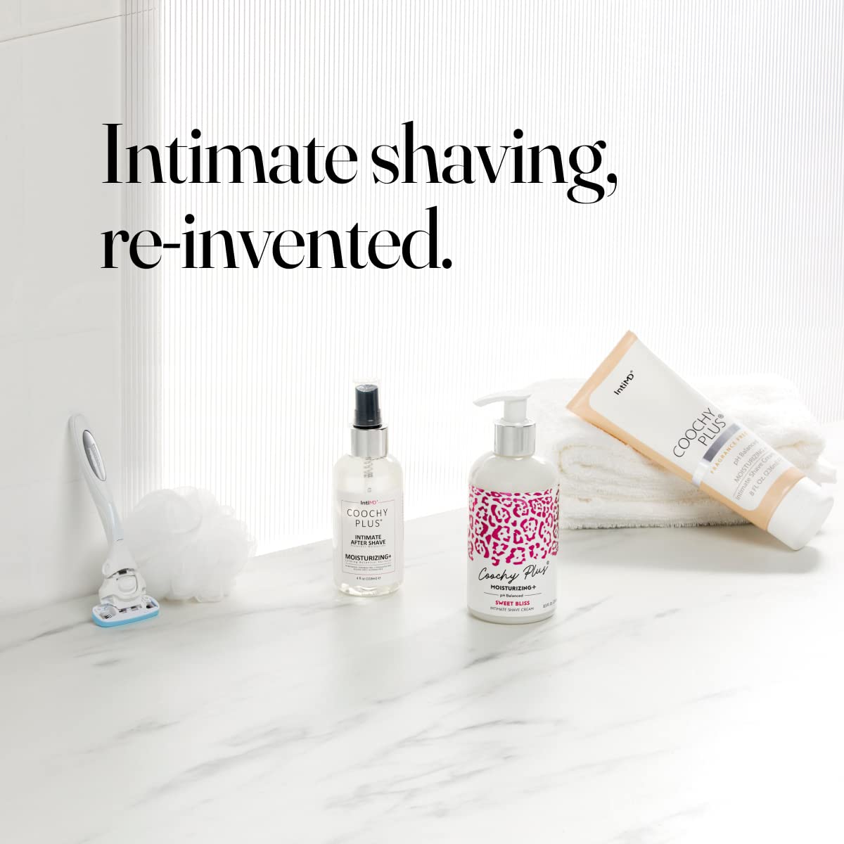 IntiMD Coochy Plus arranged on vanity portraying daily grooming routine