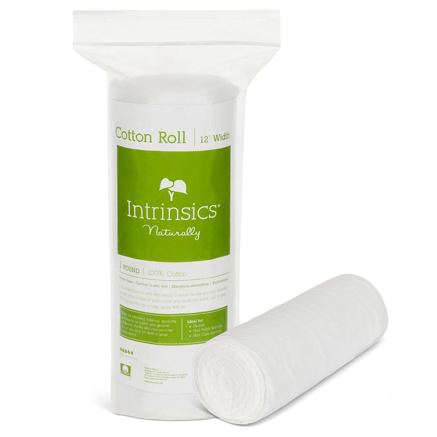 Intrinsics front packaging of 12-inch cotton roll showing professional-grade benefit