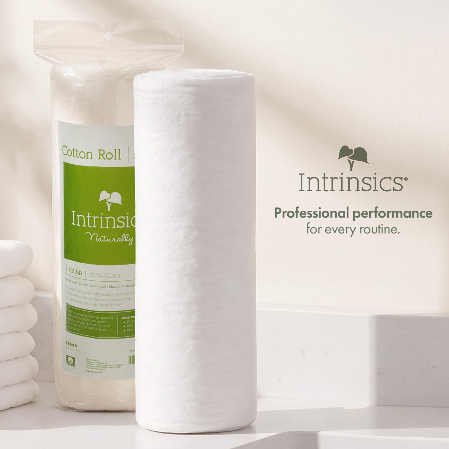 Intrinsics cotton roll on spa table showing professional presentation benefit