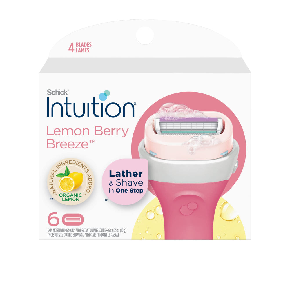 INTUITION Schick front pack showing six refill cartridges and benefits