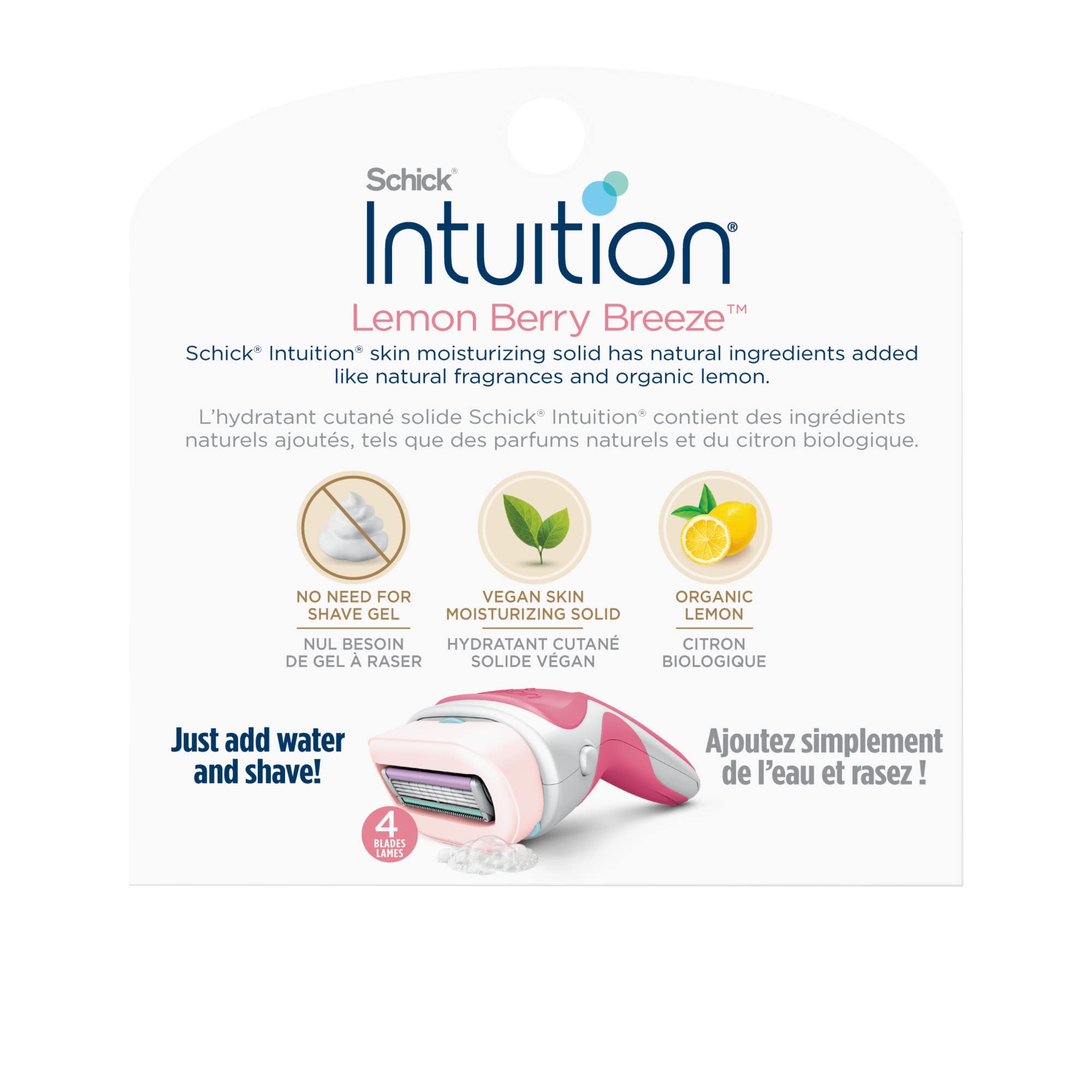 INTUITION Schick refills arranged on bathroom shelf suggesting everyday use