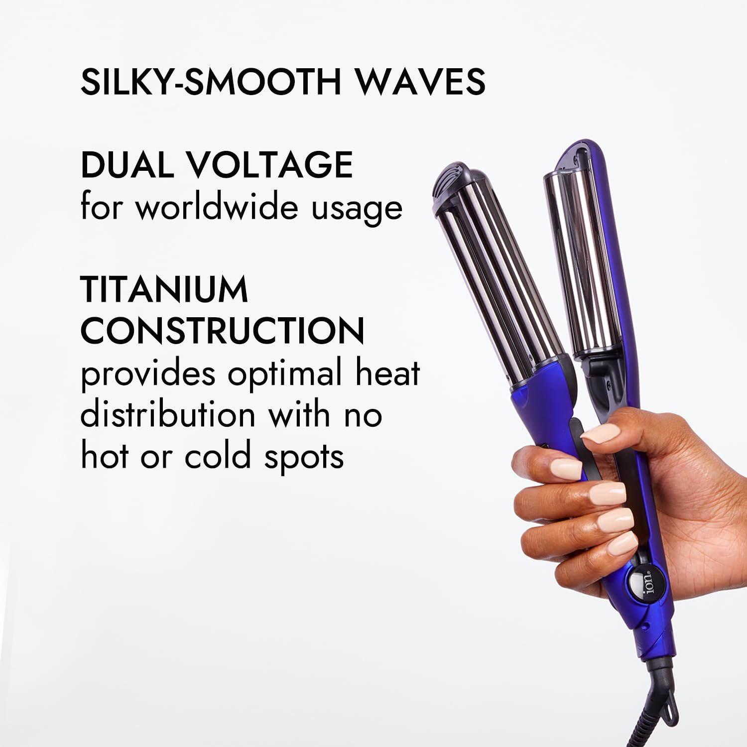 ion waver beside travel bag emphasizing dual-voltage convenience