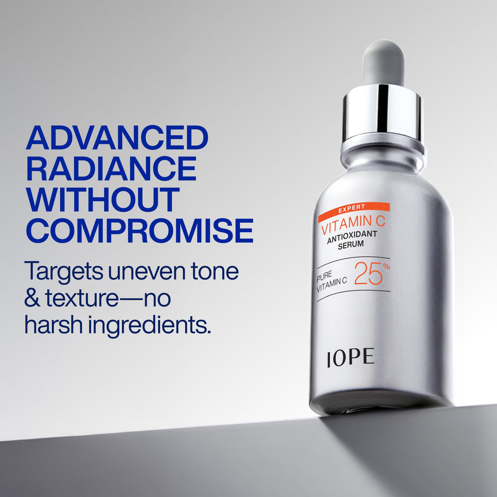 IOPE ingredients list highlight showing 25% vitamin C and antioxidant complex