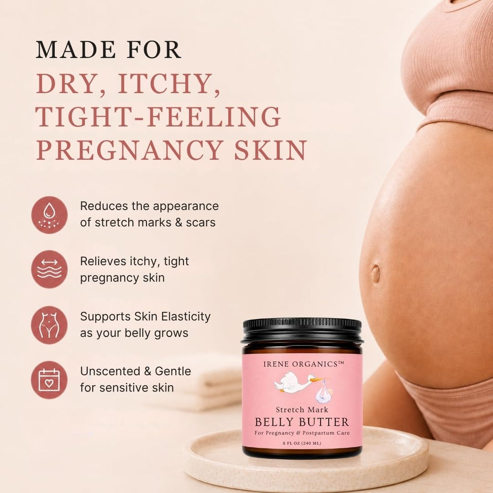 Irene Organics being massaged onto a pregnant belly to soothe itch
