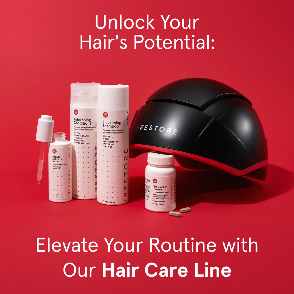 iRestore Essential before and after illustration showing improved hair density visualization benefit