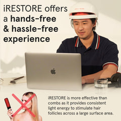 iRestore Essential side profile on head demonstrating comfortable hands-free treatment benefit