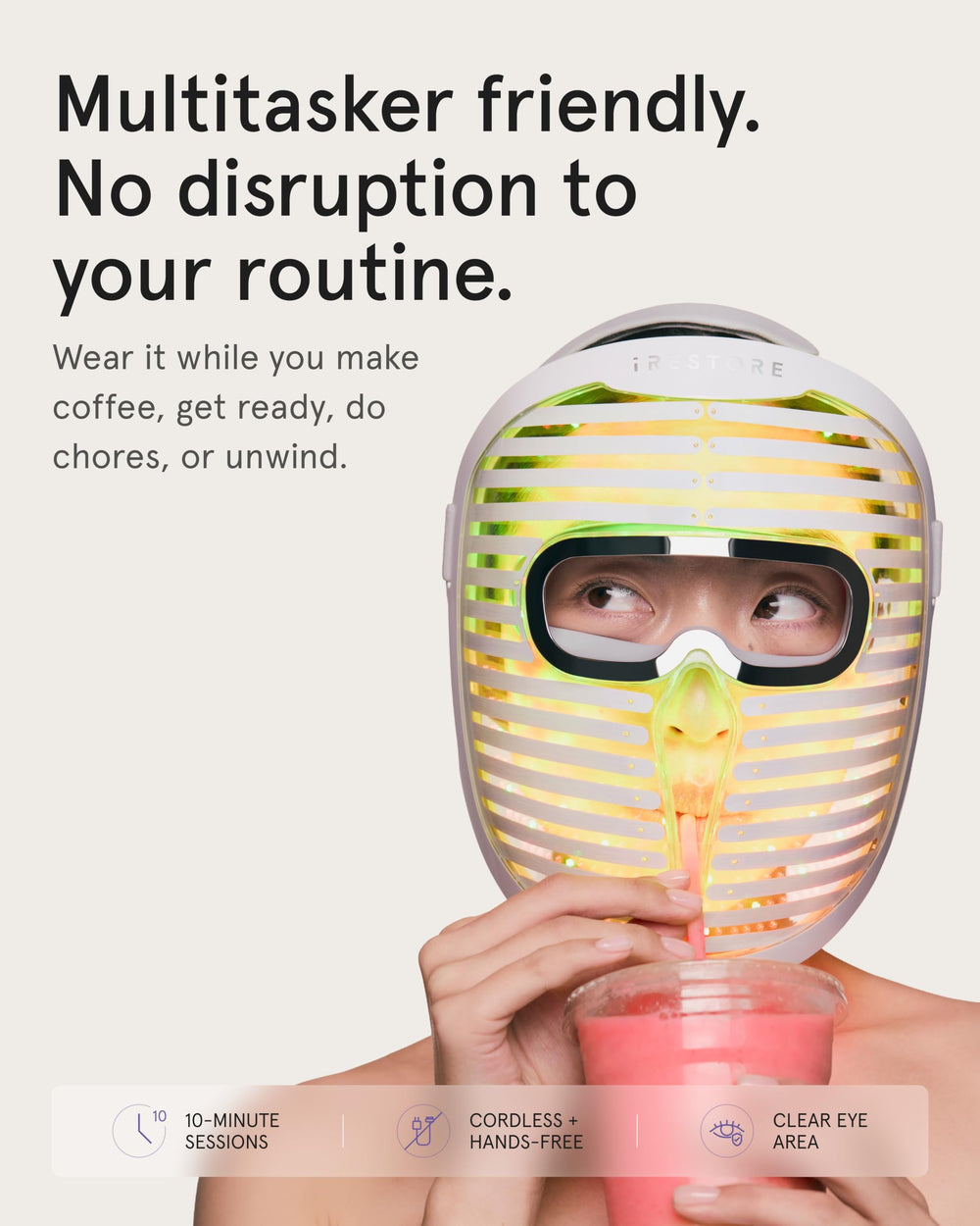 iRestore Face Mask Pro packaging and accessories highlighting ready-to-use convenience