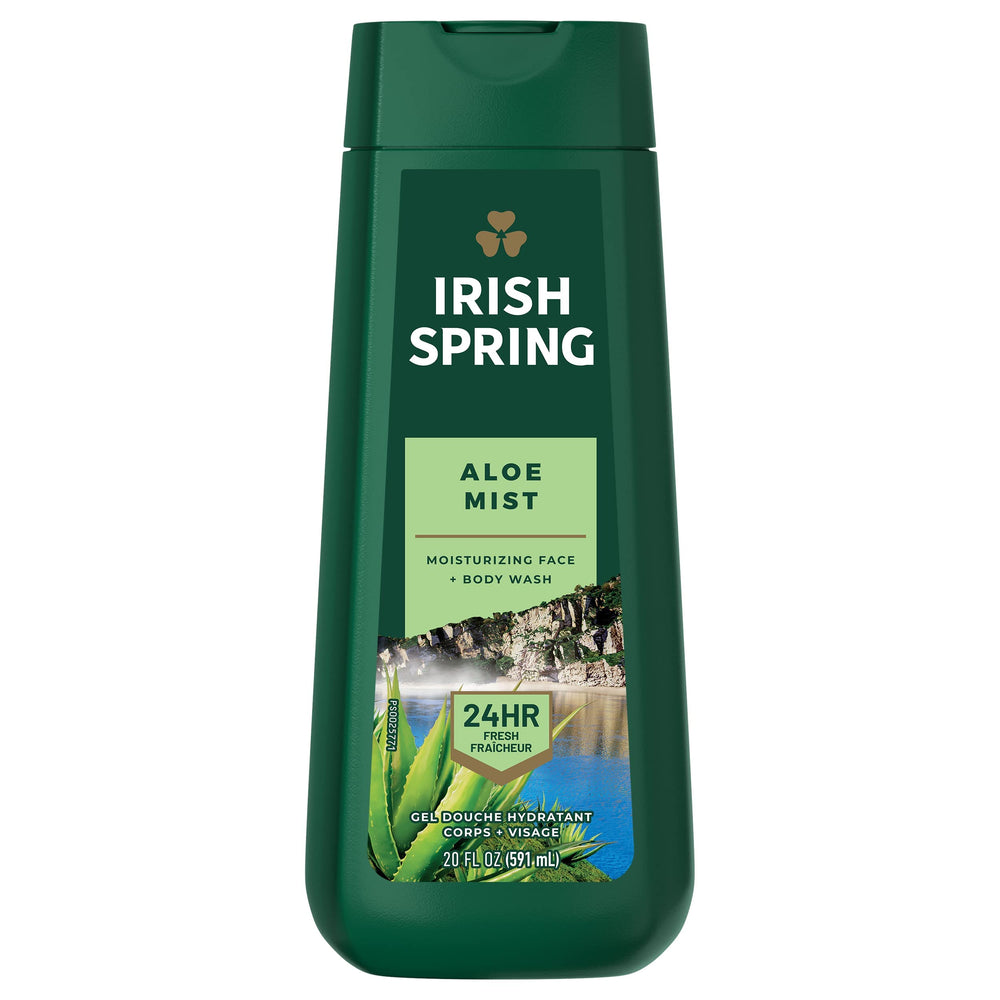 Irish Spring front label showing aloe scent and 20 fl oz for quick identification