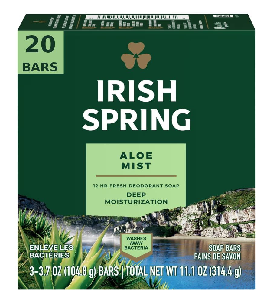 Irish Spring aloe front packaging showing bulk 20-bar value and fresh scent