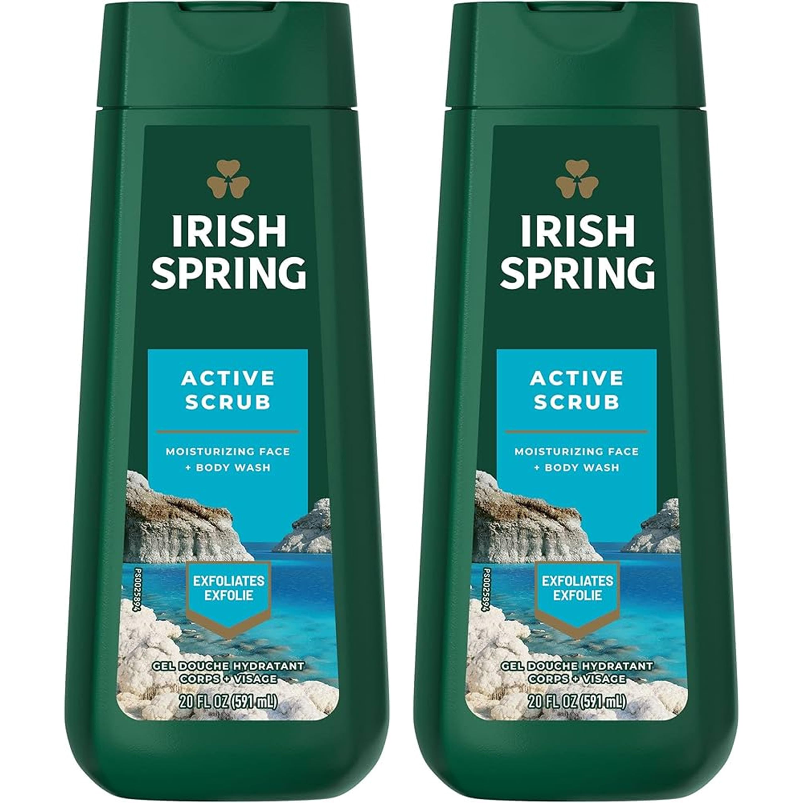 Irish Spring front packaging showing two 20 oz bottles and action scent benefit