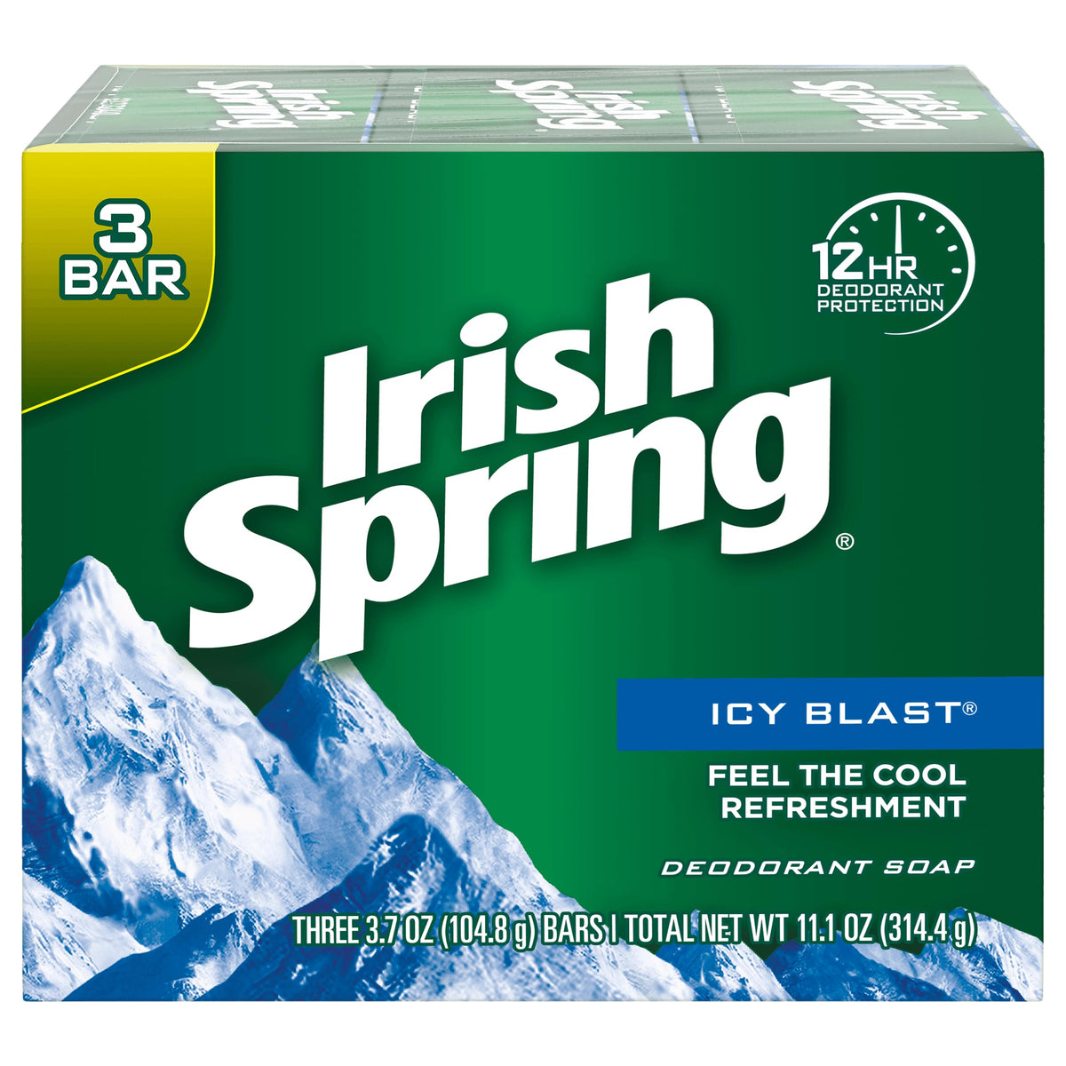 Irish Spring Icy Blast front packaging showing fresh bar and cooling scent