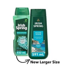 Irish Spring bottle beside included loofah to boost foaming and exfoliation
