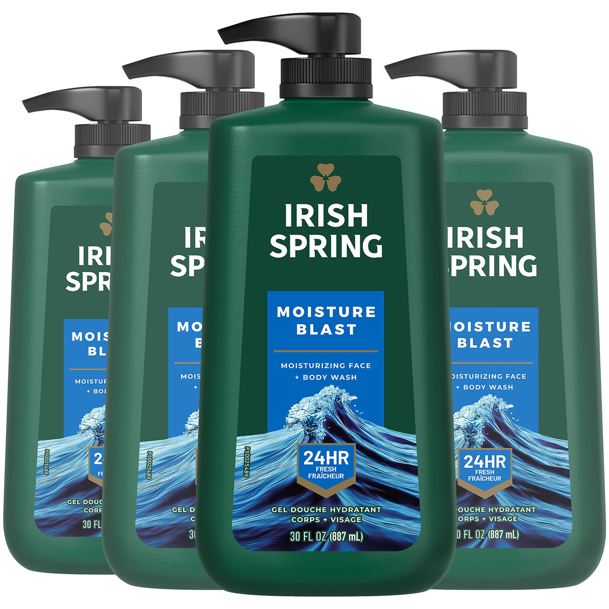 Irish Spring front packaging showing 30 oz pump and fresh scent benefits