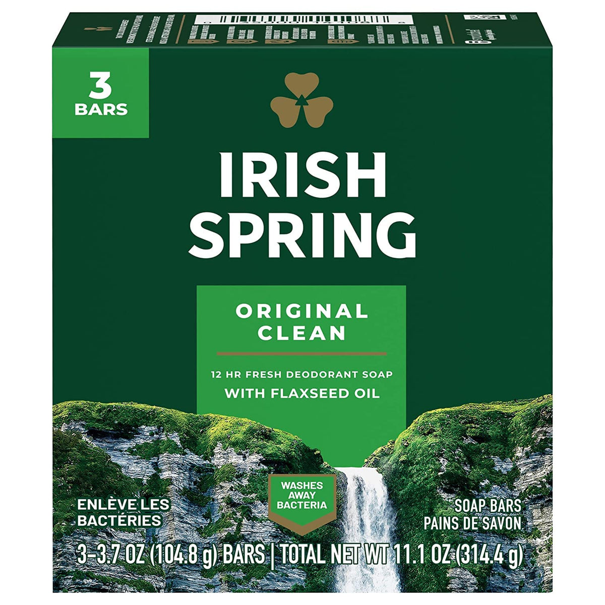 Irish Spring front packaging showing three-bar pack and savings benefit