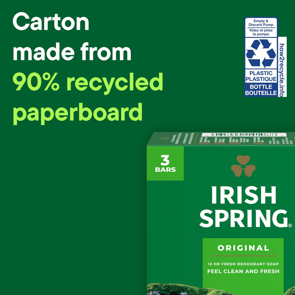 Irish Spring bar in hand for scale showing compact 3.7 oz size benefit