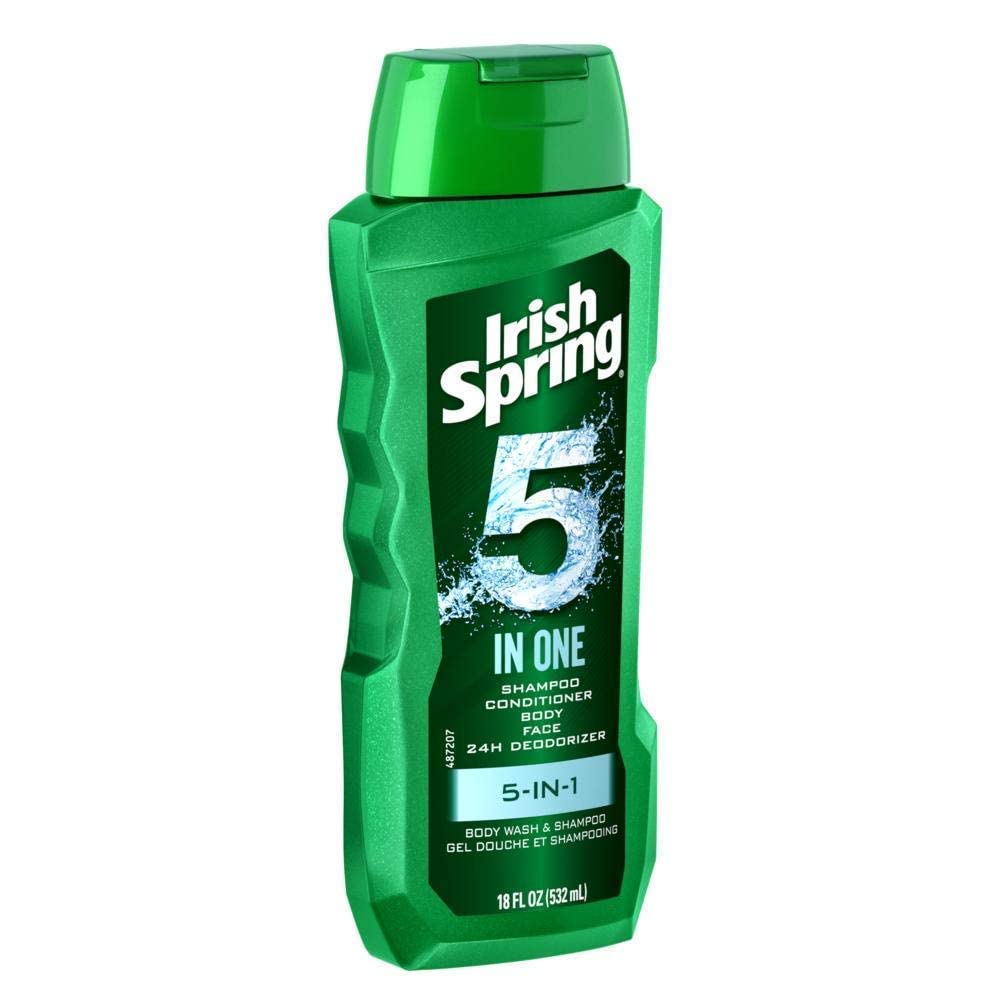 Irish Spring beside common items showing 18 oz size and portability