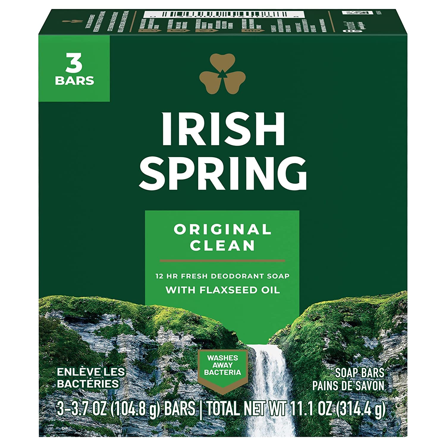 Irish Spring bars neatly arranged on bathroom shelf for easy access