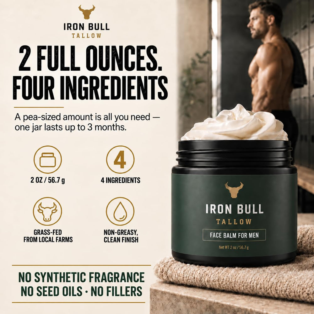 Iron Bull ingredient label highlighting grass-fed tallow and hyaluronic acid clarity